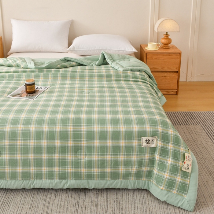 91家纺网 家纺一手货源 找家纺 好梦来家纺【高克重】2026新品水洗棉新疆棉花夏被无印风夏被良品格子空调被被子被芯 翡翠绿
