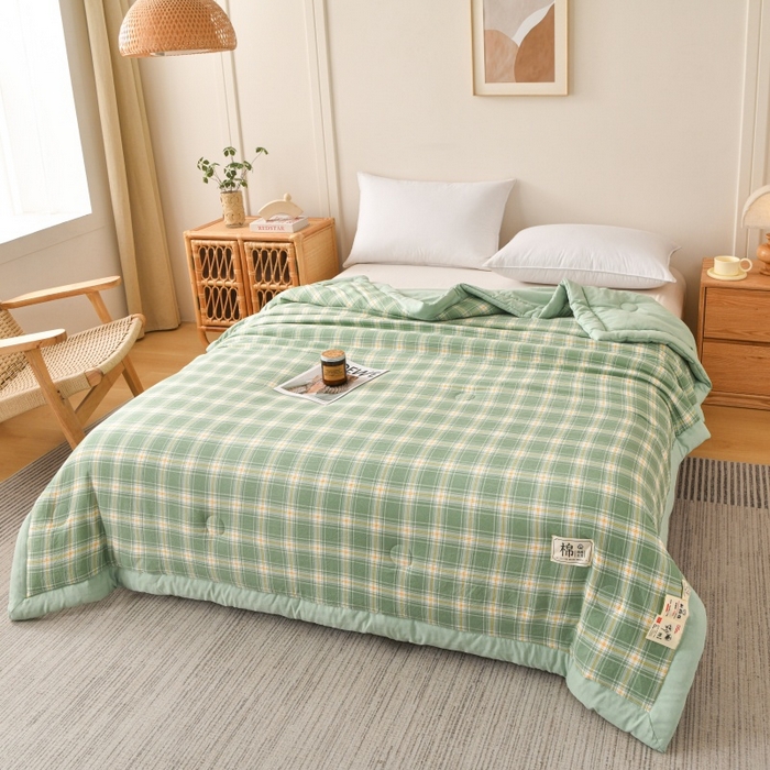 91家纺网 家纺一手货源 找家纺 好梦来家纺【高克重】2026新品水洗棉新疆棉花夏被无印风夏被良品格子空调被被子被芯 翡翠绿