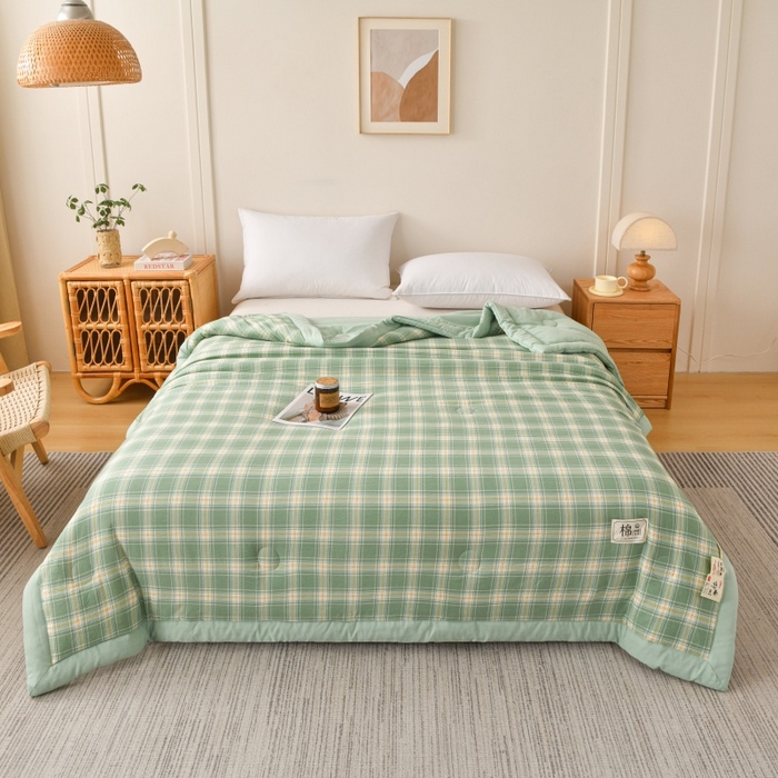 91家纺网 家纺一手货源 找家纺 好梦来家纺【高克重】2026新品水洗棉新疆棉花夏被无印风夏被良品格子空调被被子被芯 翡翠绿
