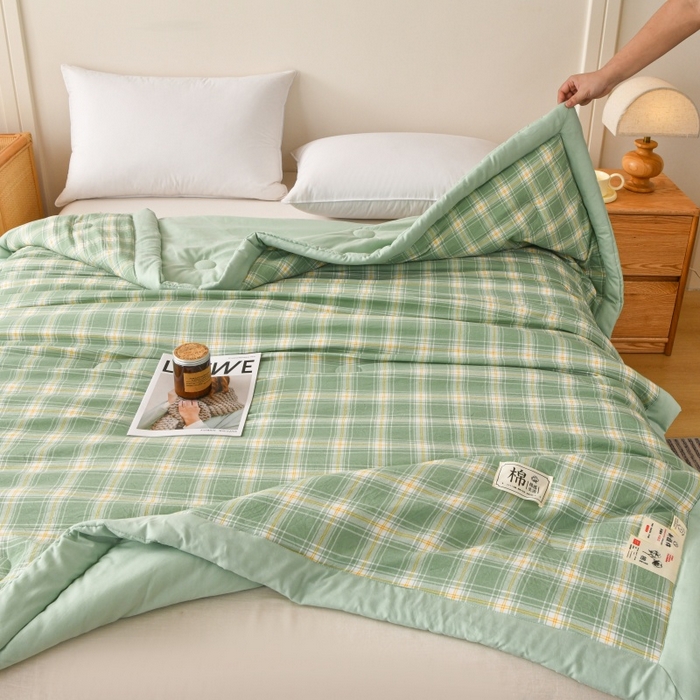 91家纺网 家纺一手货源 找家纺 好梦来家纺【高克重】2026新品水洗棉新疆棉花夏被无印风夏被良品格子空调被被子被芯 翡翠绿