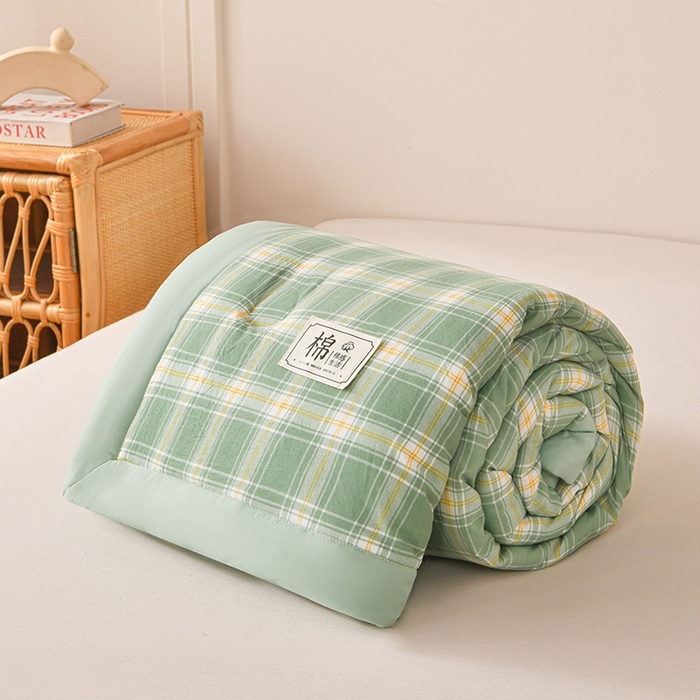 91家纺网 家纺一手货源 找家纺 好梦来家纺【高克重】2026新品水洗棉新疆棉花夏被无印风夏被良品格子空调被被子被芯 翡翠绿