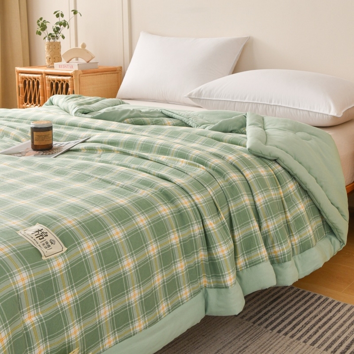 91家纺网 家纺一手货源 找家纺 好梦来家纺【高克重】2026新品水洗棉新疆棉花夏被无印风夏被良品格子空调被被子被芯 翡翠绿