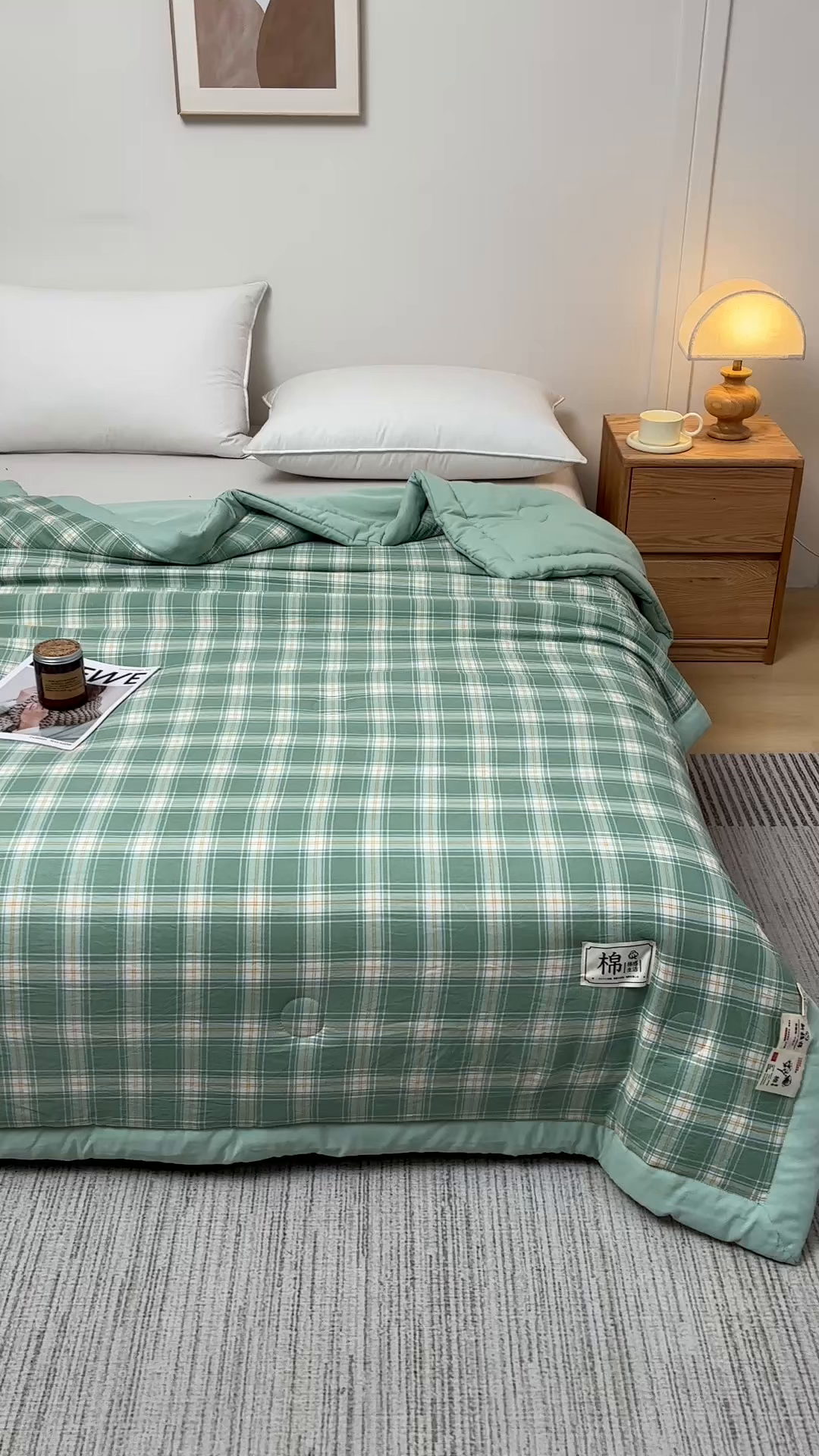 91家纺网 家纺一手货源 找家纺 好梦来家纺【高克重】2026新品水洗棉新疆棉花夏被无印风夏被良品格子空调被被子被芯 翡翠绿