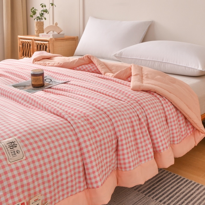 91家纺网 家纺一手货源 找家纺 好梦来家纺【高克重】2026新品水洗棉新疆棉花夏被无印风夏被良品格子空调被被子被芯 粉小格