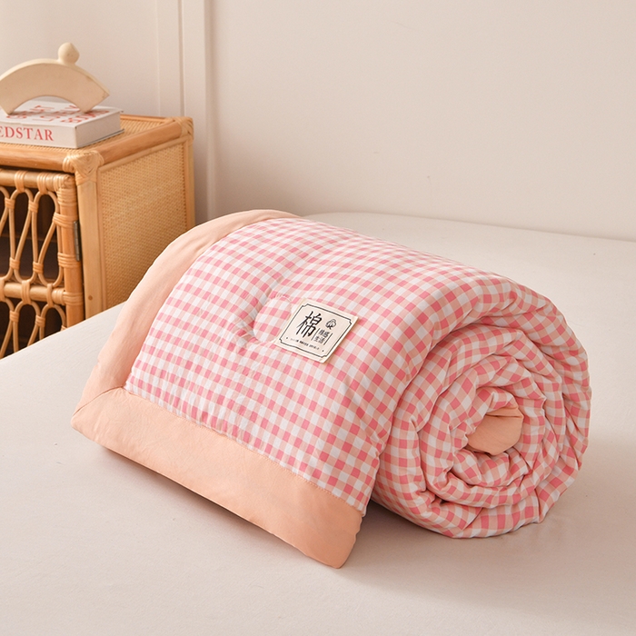 91家纺网 家纺一手货源 找家纺 好梦来家纺【高克重】2026新品水洗棉新疆棉花夏被无印风夏被良品格子空调被被子被芯 粉小格