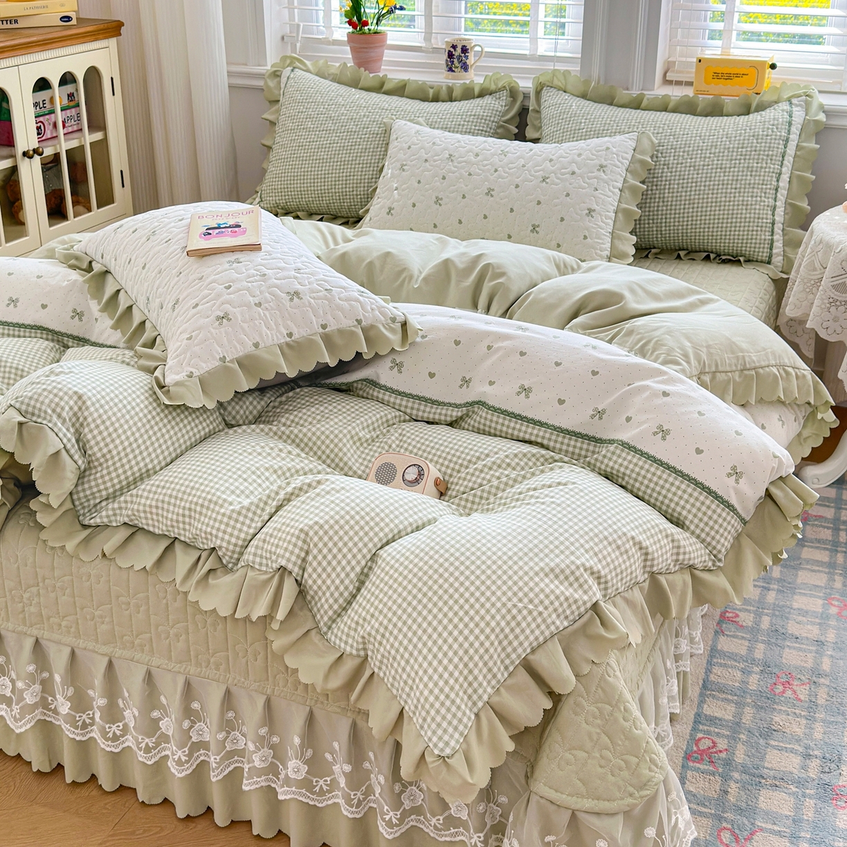 雅眠居 2026新款直播爆款古法仿棉双层蕾丝花边床盖四件套 AB版-彩格绿