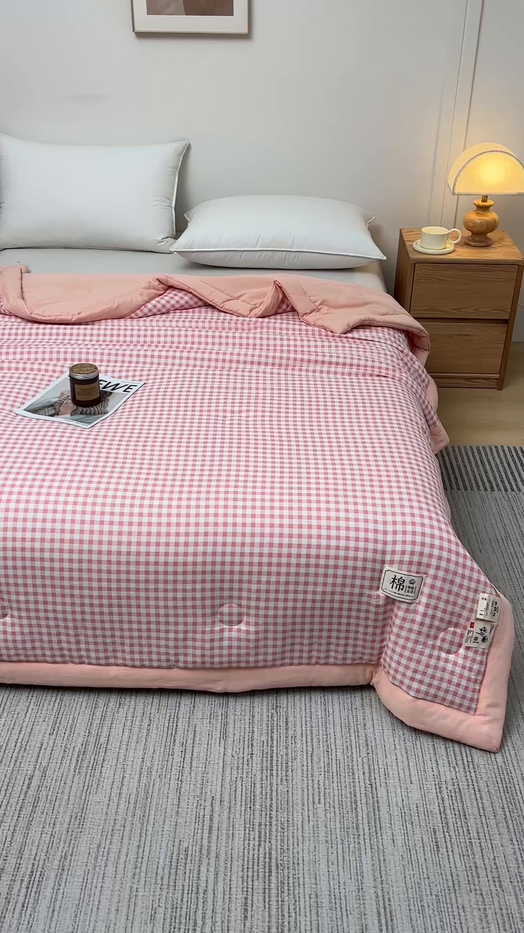 91家纺网 家纺一手货源 找家纺 好梦来家纺【高克重】2026新品水洗棉新疆棉花夏被无印风夏被良品格子空调被被子被芯 粉小格