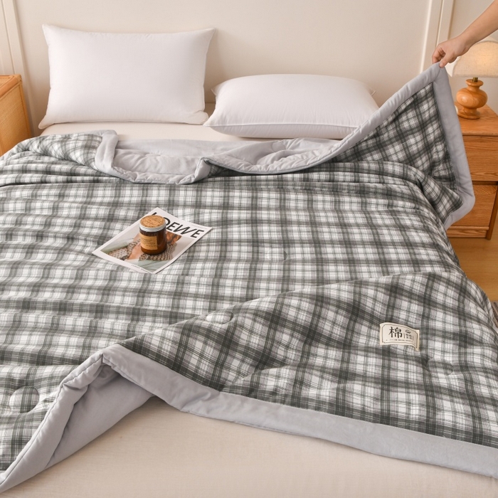 91家纺网 家纺一手货源 找家纺 好梦来家纺【高克重】2026新品水洗棉新疆棉花夏被无印风夏被良品格子空调被被子被芯 格雅灰