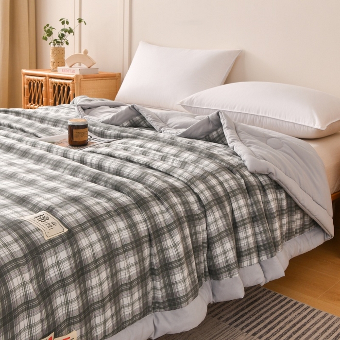 91家纺网 家纺一手货源 找家纺 好梦来家纺【高克重】2026新品水洗棉新疆棉花夏被无印风夏被良品格子空调被被子被芯 格雅灰
