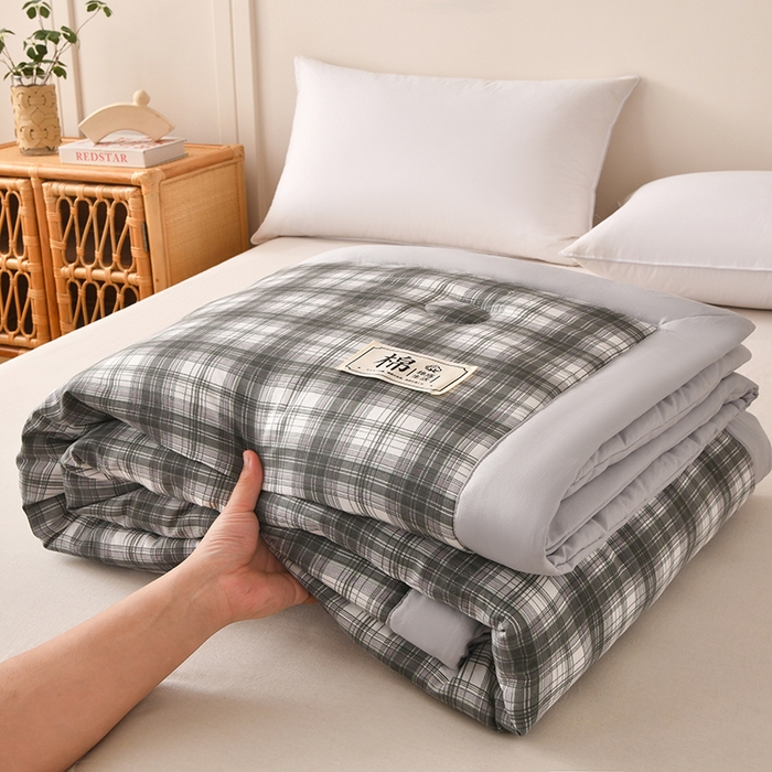 91家纺网 家纺一手货源 找家纺 好梦来家纺【高克重】2026新品水洗棉新疆棉花夏被无印风夏被良品格子空调被被子被芯 格雅灰