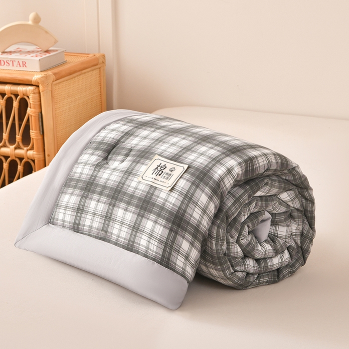 91家纺网 家纺一手货源 找家纺 好梦来家纺【高克重】2026新品水洗棉新疆棉花夏被无印风夏被良品格子空调被被子被芯 格雅灰