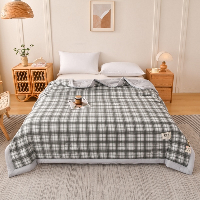 91家纺网 家纺一手货源 找家纺 好梦来家纺【高克重】2026新品水洗棉新疆棉花夏被无印风夏被良品格子空调被被子被芯 格雅灰
