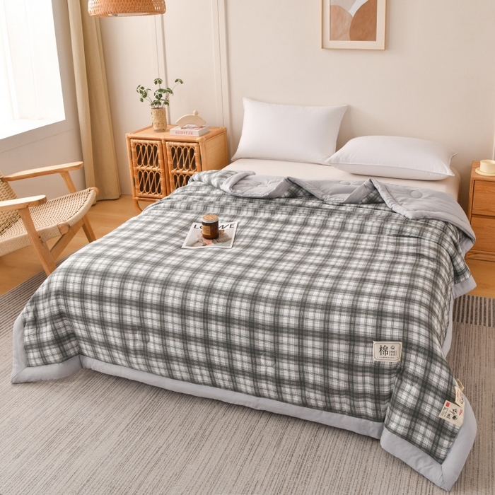 91家纺网 家纺一手货源 找家纺 好梦来家纺【高克重】2026新品水洗棉新疆棉花夏被无印风夏被良品格子空调被被子被芯 格雅灰