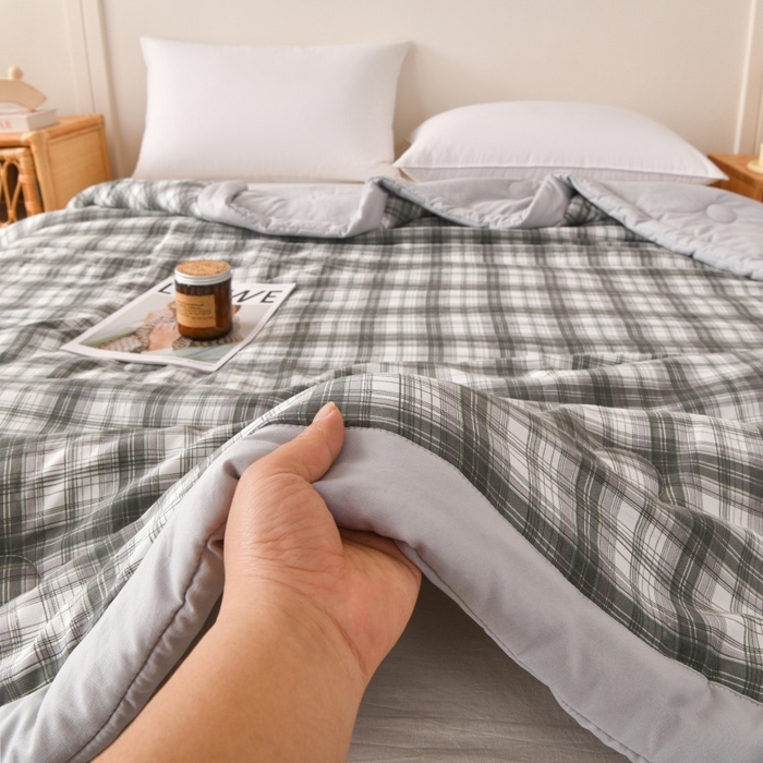91家纺网 家纺一手货源 找家纺 好梦来家纺【高克重】2026新品水洗棉新疆棉花夏被无印风夏被良品格子空调被被子被芯 格雅灰