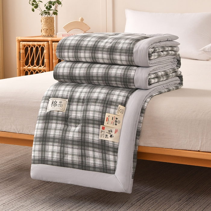 91家纺网 家纺一手货源 找家纺 好梦来家纺【高克重】2026新品水洗棉新疆棉花夏被无印风夏被良品格子空调被被子被芯 格雅灰