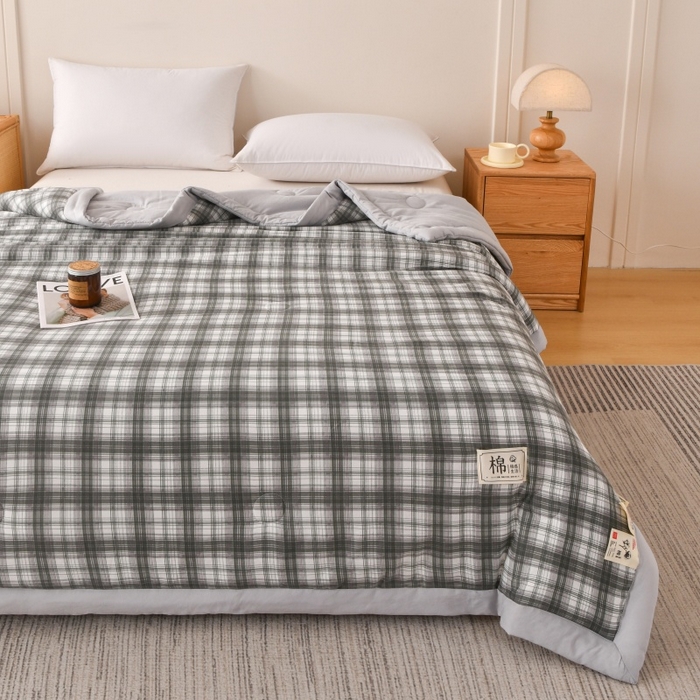 91家纺网 家纺一手货源 找家纺 好梦来家纺【高克重】2026新品水洗棉新疆棉花夏被无印风夏被良品格子空调被被子被芯 格雅灰