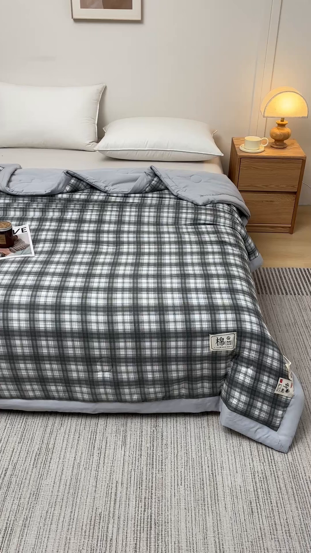 91家纺网 家纺一手货源 找家纺 好梦来家纺【高克重】2026新品水洗棉新疆棉花夏被无印风夏被良品格子空调被被子被芯 格雅灰
