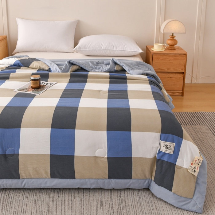 91家纺网 家纺一手货源 找家纺 好梦来家纺【高克重】2026新品水洗棉新疆棉花夏被无印风夏被良品格子空调被被子被芯 蓝大格