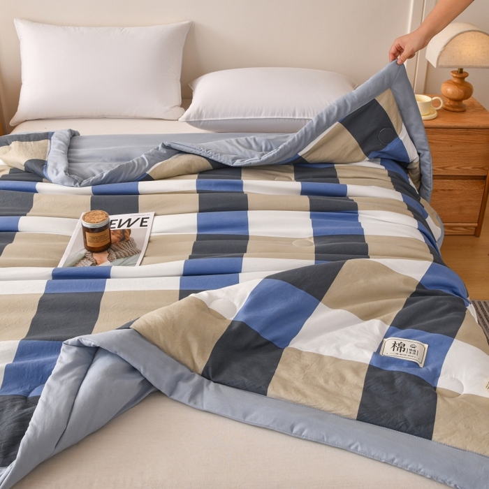91家纺网 家纺一手货源 找家纺 好梦来家纺【高克重】2026新品水洗棉新疆棉花夏被无印风夏被良品格子空调被被子被芯 蓝大格