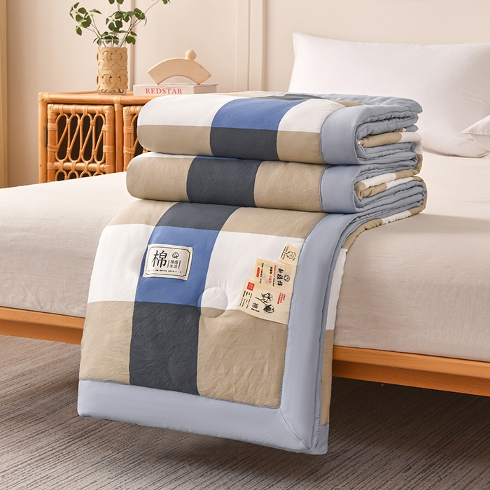 91家纺网 家纺一手货源 找家纺 好梦来家纺【高克重】2026新品水洗棉新疆棉花夏被无印风夏被良品格子空调被被子被芯 蓝大格