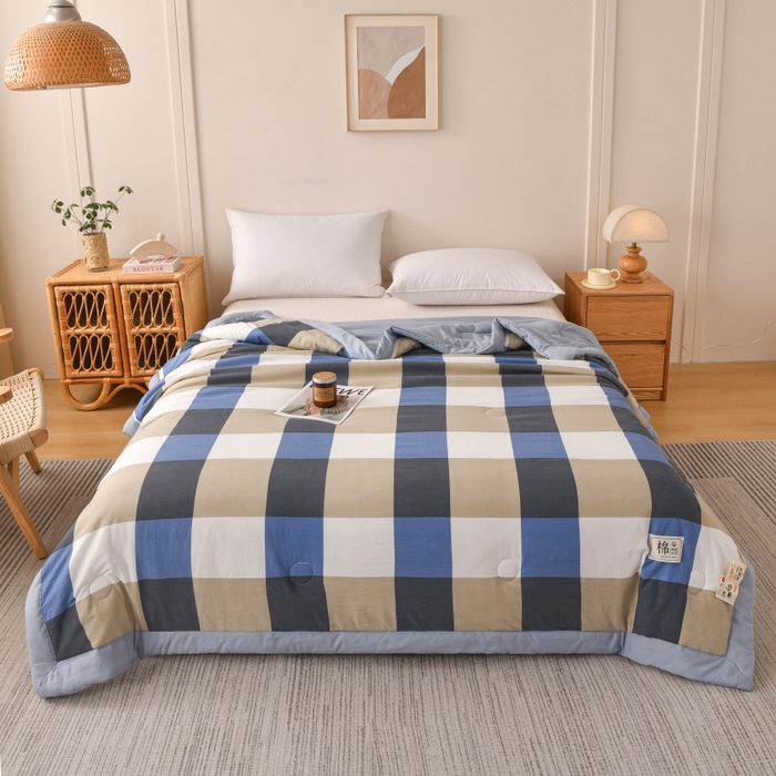 91家纺网 家纺一手货源 找家纺 好梦来家纺【高克重】2026新品水洗棉新疆棉花夏被无印风夏被良品格子空调被被子被芯 蓝大格