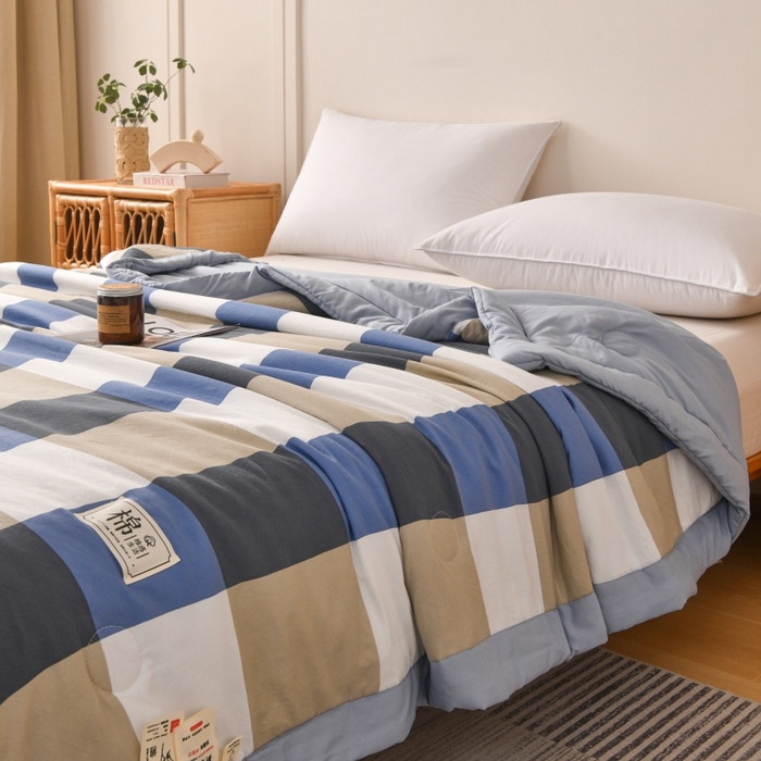 91家纺网 家纺一手货源 找家纺 好梦来家纺【高克重】2026新品水洗棉新疆棉花夏被无印风夏被良品格子空调被被子被芯 蓝大格