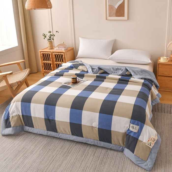 91家纺网 家纺一手货源 找家纺 好梦来家纺【高克重】2026新品水洗棉新疆棉花夏被无印风夏被良品格子空调被被子被芯 蓝大格
