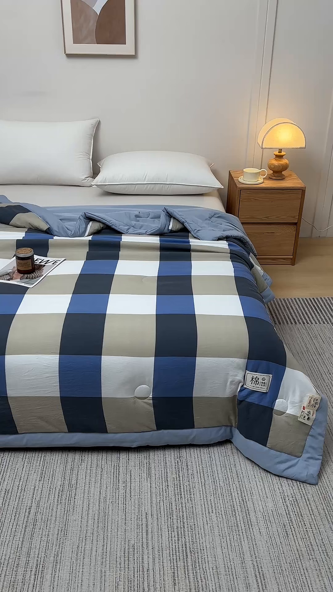 91家纺网 家纺一手货源 找家纺 好梦来家纺【高克重】2026新品水洗棉新疆棉花夏被无印风夏被良品格子空调被被子被芯 蓝大格