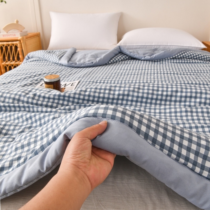 91家纺网 家纺一手货源 找家纺 好梦来家纺【高克重】2026新品水洗棉新疆棉花夏被无印风夏被良品格子空调被被子被芯 蓝小格
