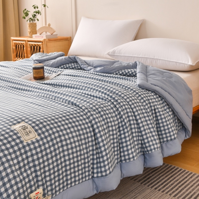 91家纺网 家纺一手货源 找家纺 好梦来家纺【高克重】2026新品水洗棉新疆棉花夏被无印风夏被良品格子空调被被子被芯 蓝小格