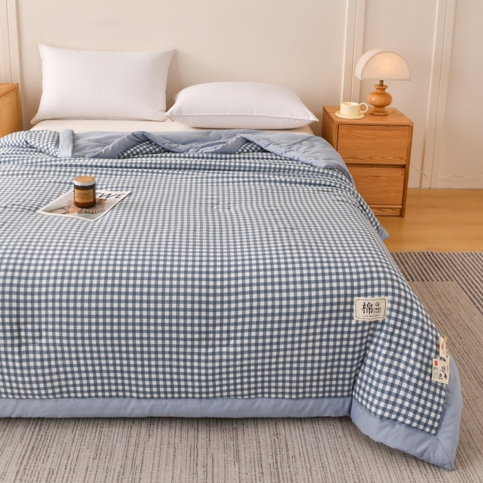 91家纺网 家纺一手货源 找家纺 好梦来家纺【高克重】2026新品水洗棉新疆棉花夏被无印风夏被良品格子空调被被子被芯 蓝小格