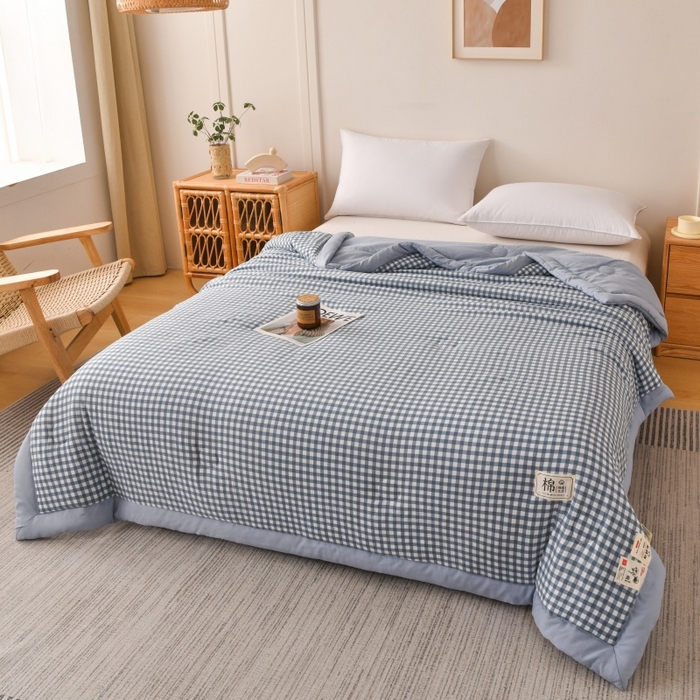 91家纺网 家纺一手货源 找家纺 好梦来家纺【高克重】2026新品水洗棉新疆棉花夏被无印风夏被良品格子空调被被子被芯 蓝小格