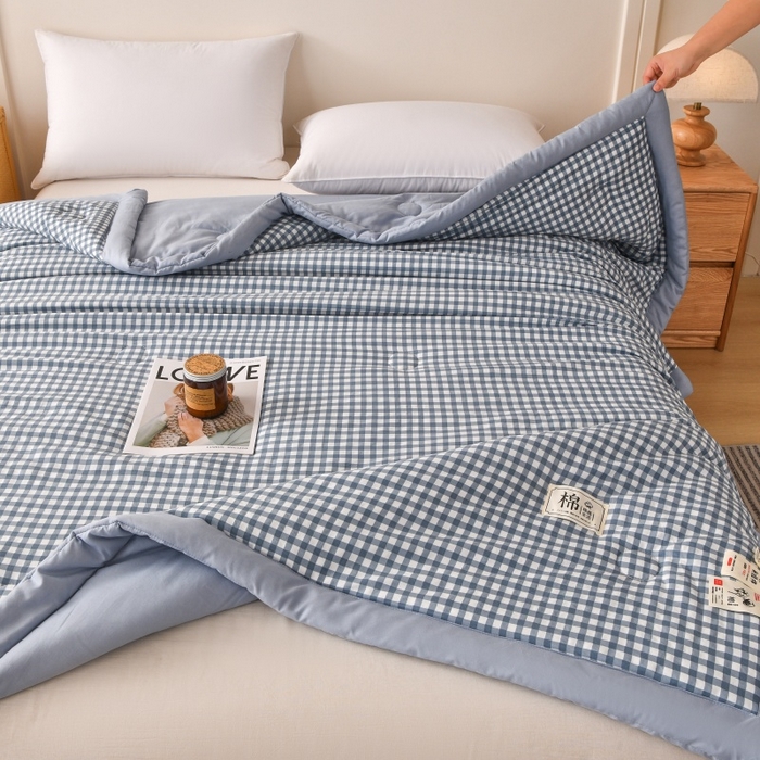91家纺网 家纺一手货源 找家纺 好梦来家纺【高克重】2026新品水洗棉新疆棉花夏被无印风夏被良品格子空调被被子被芯 蓝小格