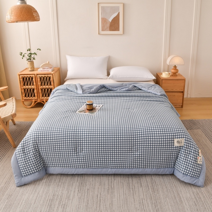 91家纺网 家纺一手货源 找家纺 好梦来家纺【高克重】2026新品水洗棉新疆棉花夏被无印风夏被良品格子空调被被子被芯 蓝小格