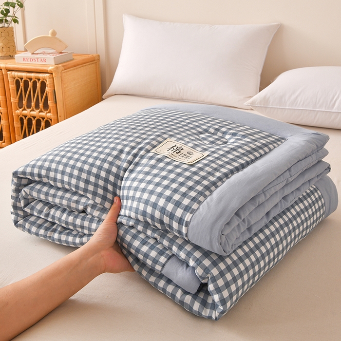 91家纺网 家纺一手货源 找家纺 好梦来家纺【高克重】2026新品水洗棉新疆棉花夏被无印风夏被良品格子空调被被子被芯 蓝小格