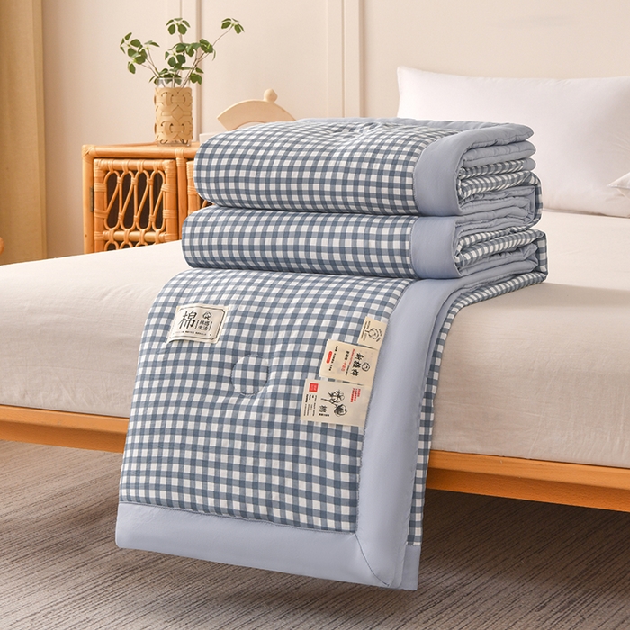 91家纺网 家纺一手货源 找家纺 好梦来家纺【高克重】2026新品水洗棉新疆棉花夏被无印风夏被良品格子空调被被子被芯 蓝小格