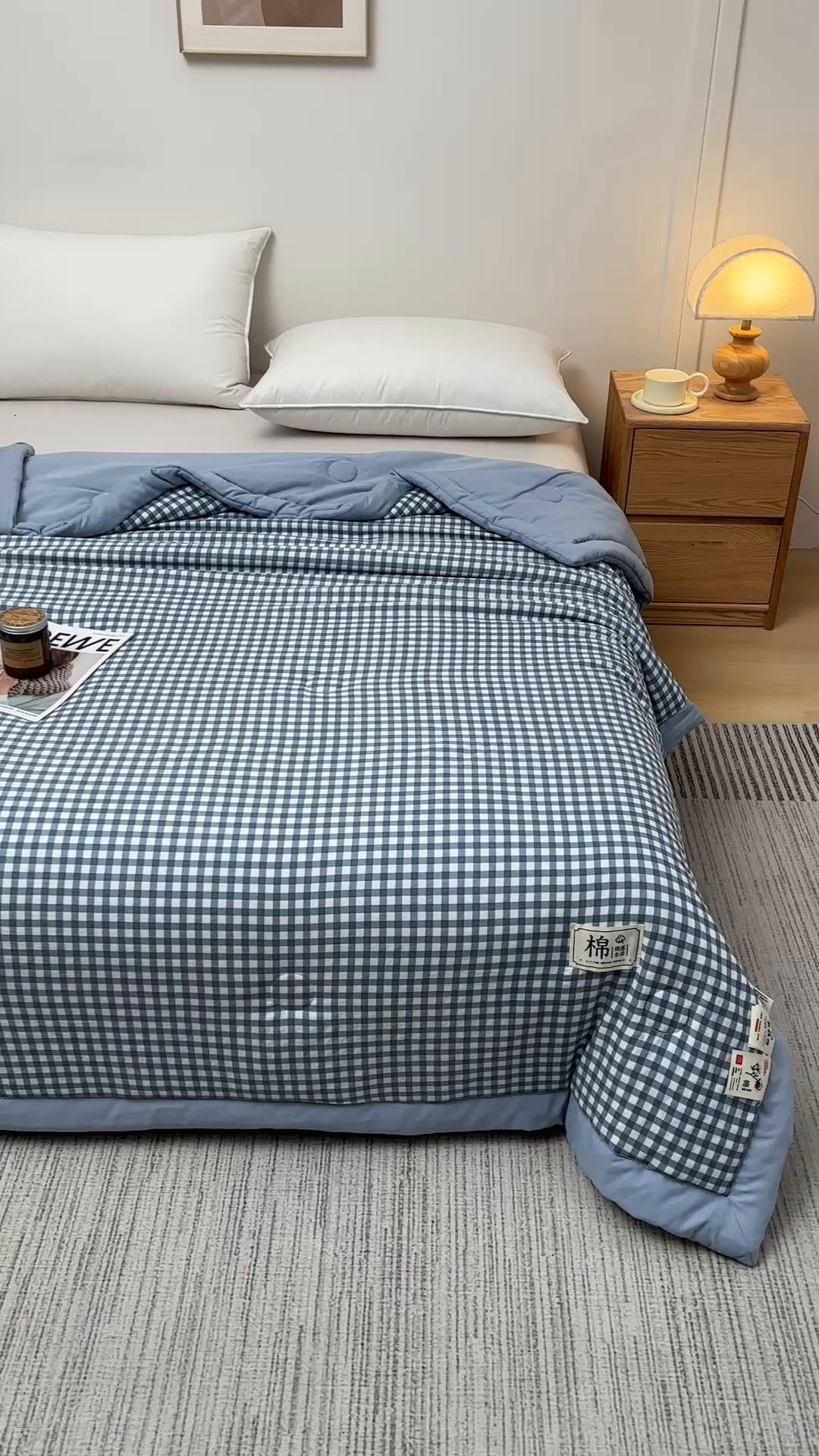 91家纺网 家纺一手货源 找家纺 好梦来家纺【高克重】2026新品水洗棉新疆棉花夏被无印风夏被良品格子空调被被子被芯 蓝小格