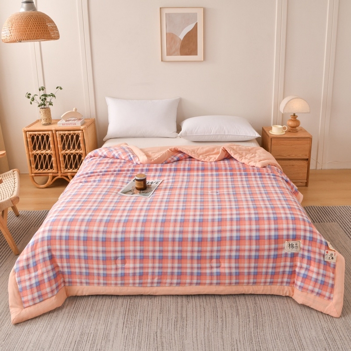 91家纺网 家纺一手货源 找家纺 好梦来家纺【高克重】2026新品水洗棉新疆棉花夏被无印风夏被良品格子空调被被子被芯 清新格玉