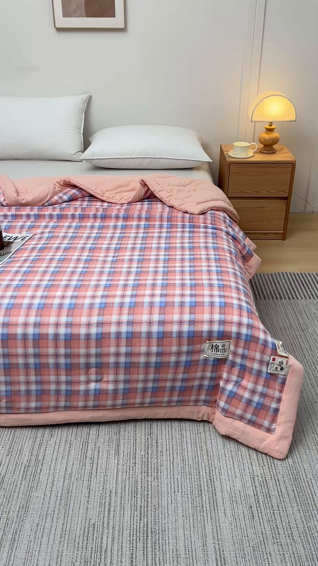 91家纺网 家纺一手货源 找家纺 好梦来家纺【高克重】2026新品水洗棉新疆棉花夏被无印风夏被良品格子空调被被子被芯 清新格玉