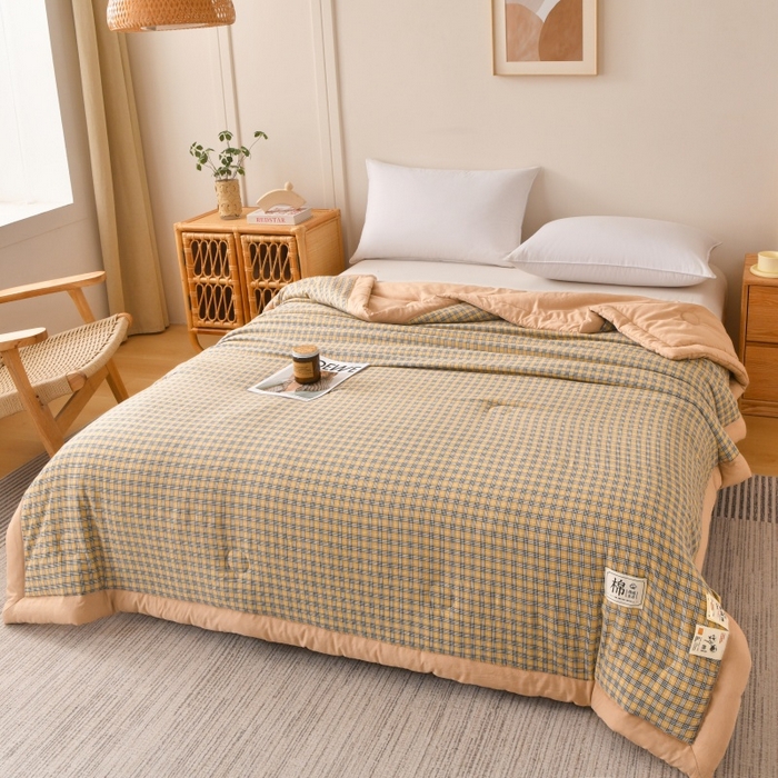 91家纺网 家纺一手货源 找家纺 好梦来家纺【高克重】2026新品水洗棉新疆棉花夏被无印风夏被良品格子空调被被子被芯 雅典琪