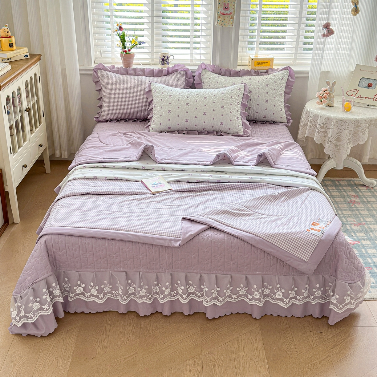 91家纺网 家纺一手货源 找家纺 雅眠居 2026新款直播爆款古法仿棉双层蕾丝花边床盖四件套 AB版-彩格紫