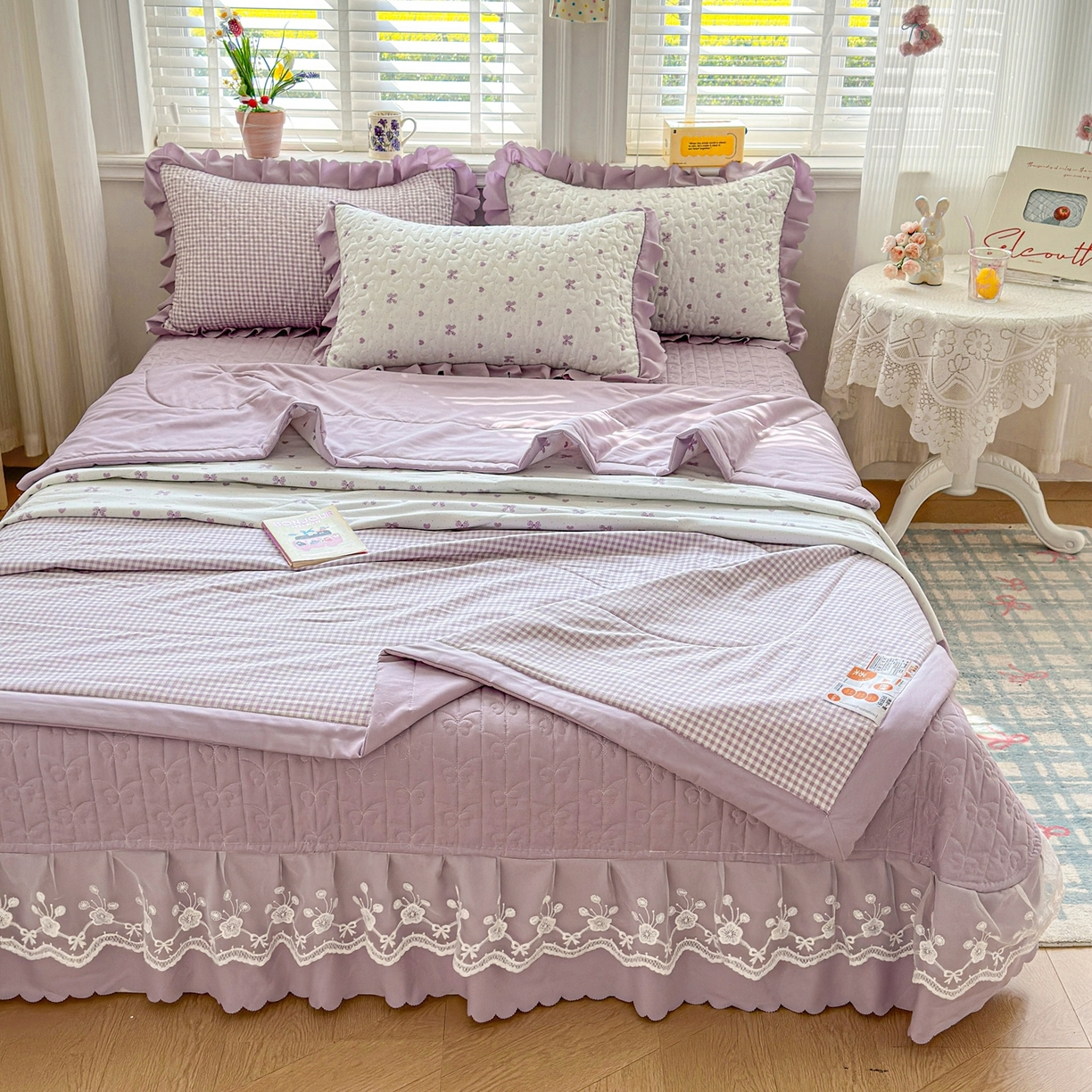 91家纺网 家纺一手货源 找家纺 雅眠居 2026新款直播爆款古法仿棉双层蕾丝花边床盖四件套 AB版-彩格紫