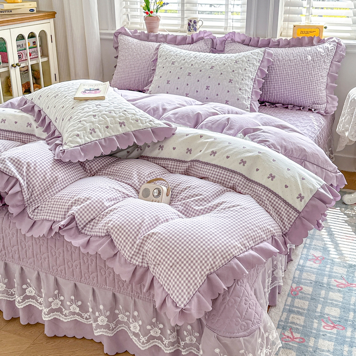 雅眠居 2026新款直播爆款古法仿棉双层蕾丝花边床盖四件套 AB版-彩格紫