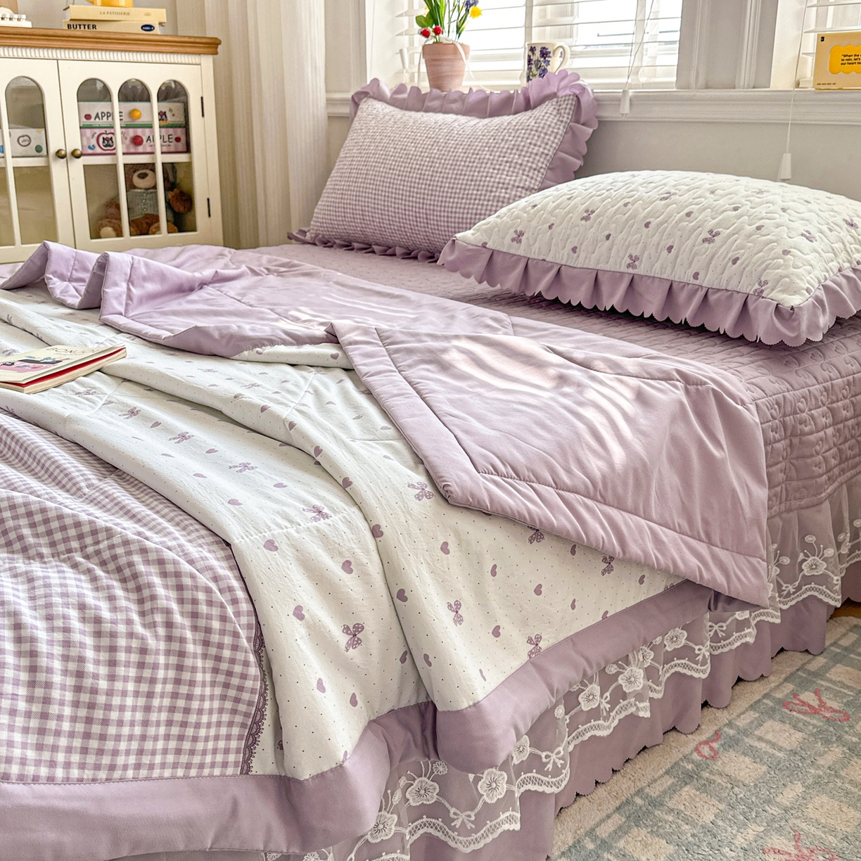 91家纺网 家纺一手货源 找家纺 雅眠居 2026新款直播爆款古法仿棉双层蕾丝花边床盖四件套 AB版-彩格紫