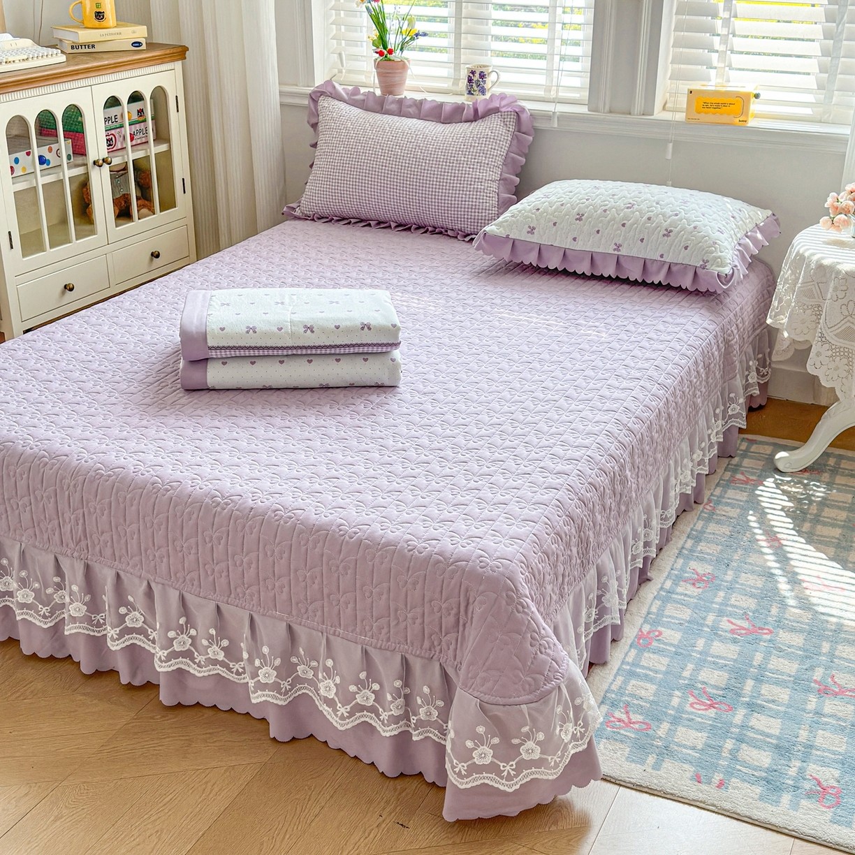 91家纺网 家纺一手货源 找家纺 雅眠居 2026新款直播爆款古法仿棉双层蕾丝花边床盖四件套 AB版-彩格紫