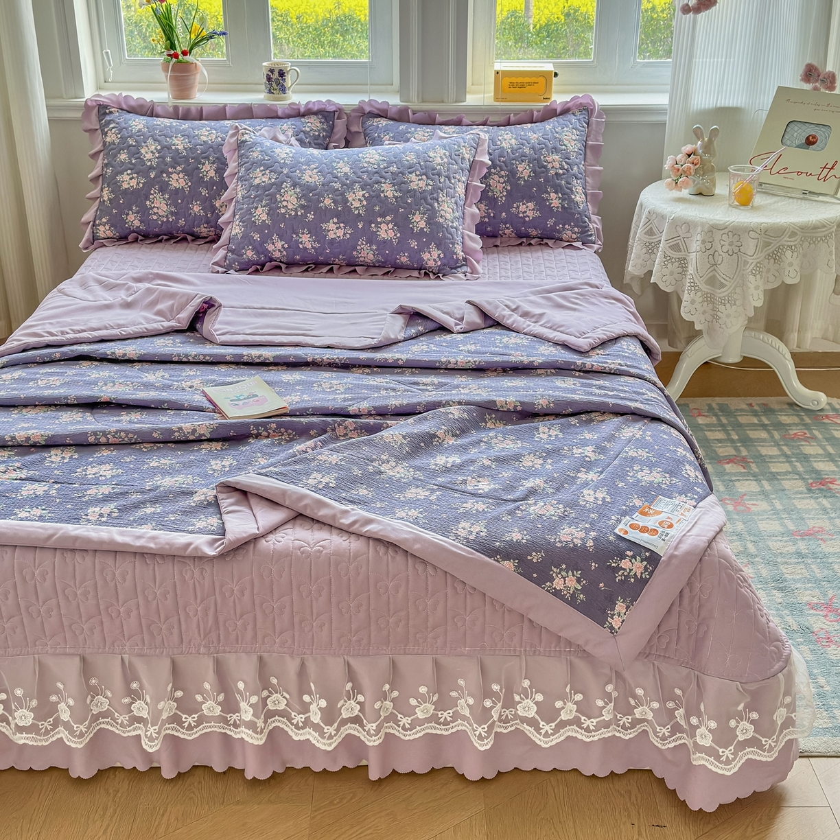 91家纺网 家纺一手货源 找家纺 雅眠居 2026新款直播爆款古法仿棉双层蕾丝花边床盖四件套 AB版-豆蔻