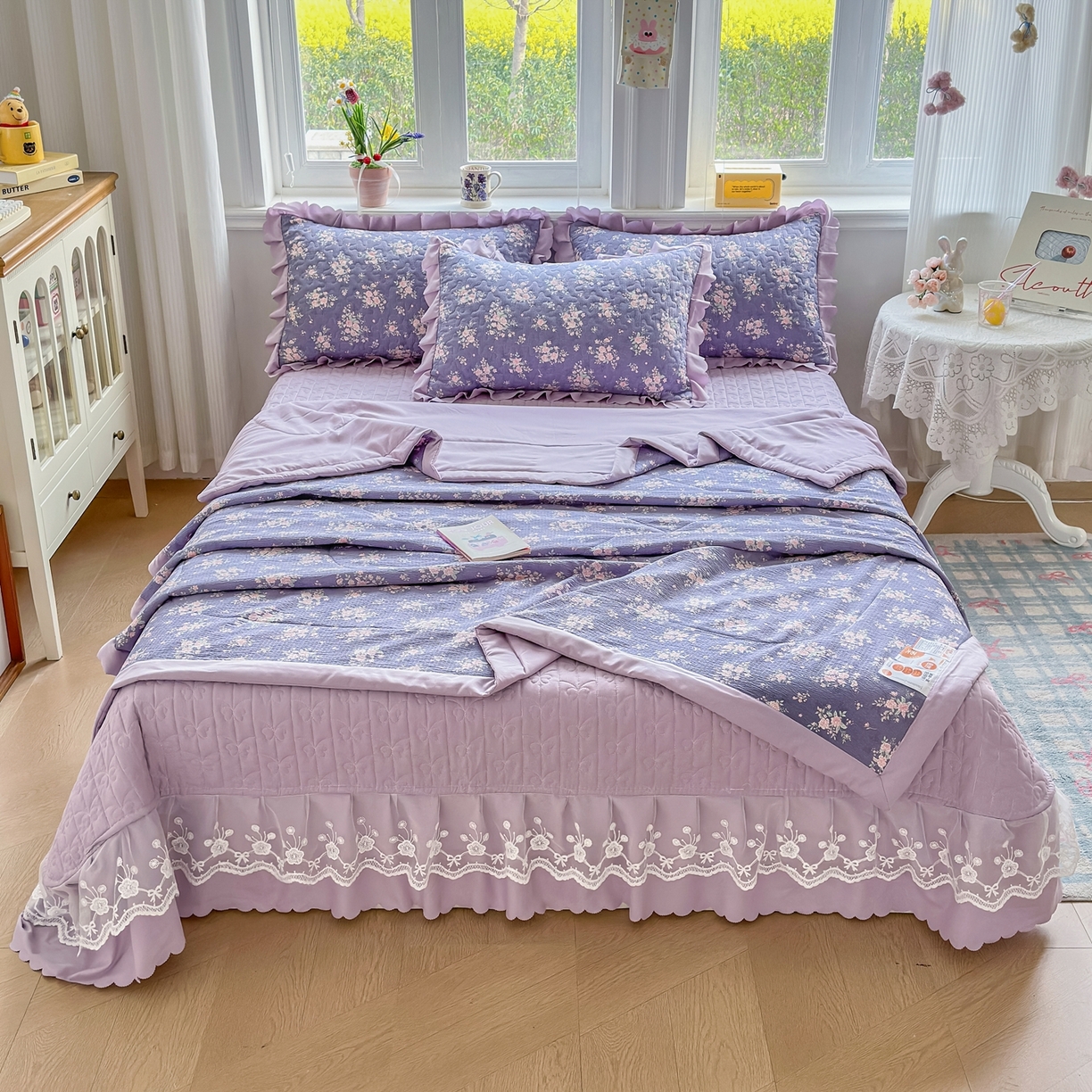 91家纺网 家纺一手货源 找家纺 雅眠居 2026新款直播爆款古法仿棉双层蕾丝花边床盖四件套 AB版-豆蔻