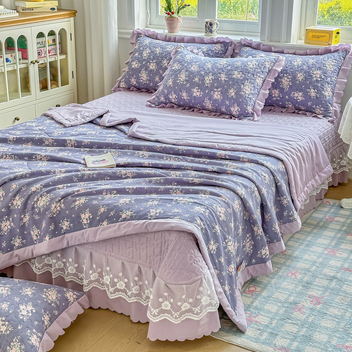 91家纺网 家纺一手货源 找家纺 雅眠居 2026新款直播爆款古法仿棉双层蕾丝花边床盖四件套 AB版-豆蔻