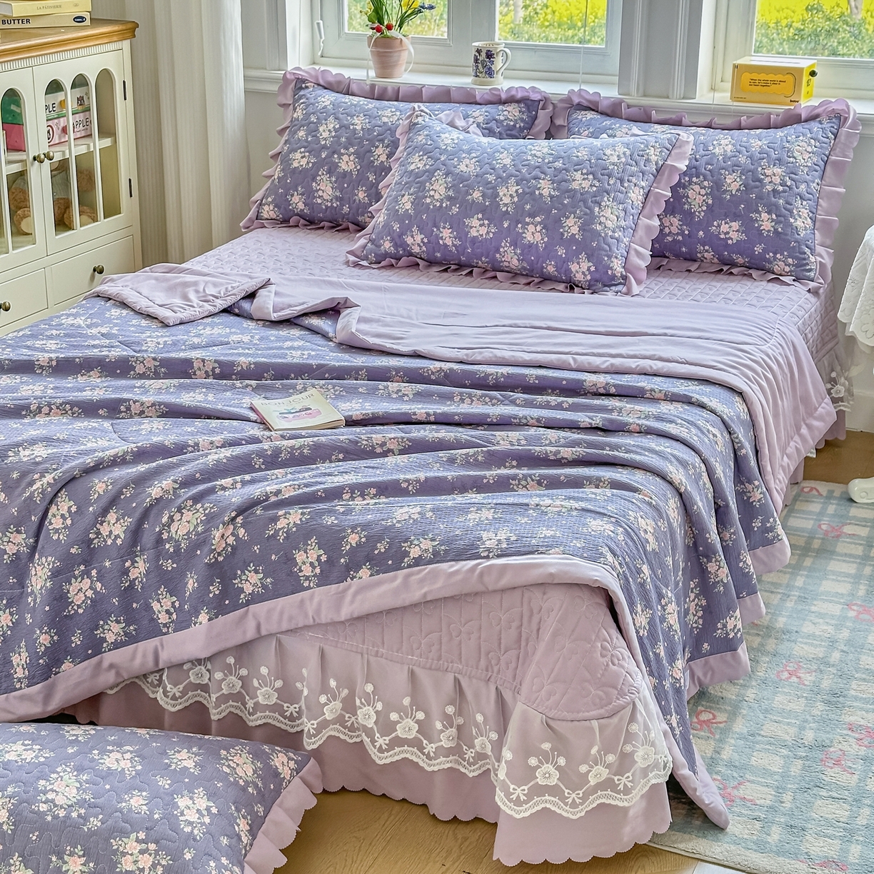 91家纺网 家纺一手货源 找家纺 雅眠居 2026新款直播爆款古法仿棉双层蕾丝花边床盖四件套 AB版-豆蔻