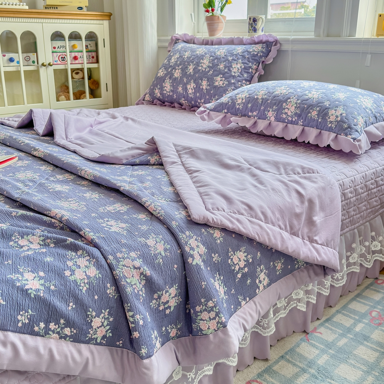 91家纺网 家纺一手货源 找家纺 雅眠居 2026新款直播爆款古法仿棉双层蕾丝花边床盖四件套 AB版-豆蔻